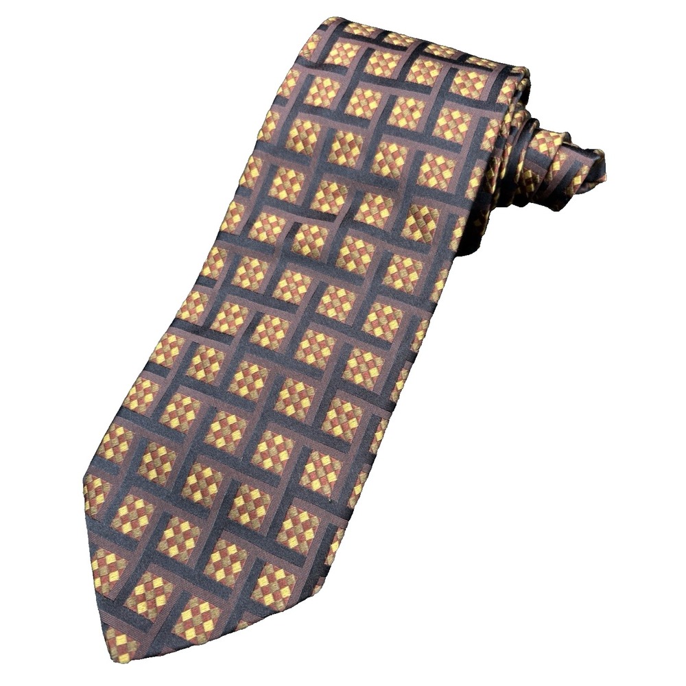 HUGO BOSS Men's Tie 100% Silk ITALY Black Brown Designer Geometric 57" EUC